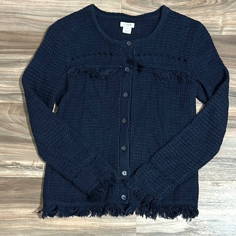 J.Crew Women’s XXS Cardigan Sweater Navy Blue Loose Knit Button Front Fringe